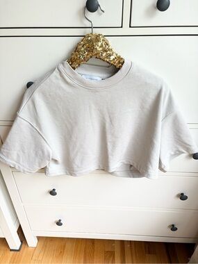 All Things Golden Cropped Boxy Sweetshirt Tee in Light Beige